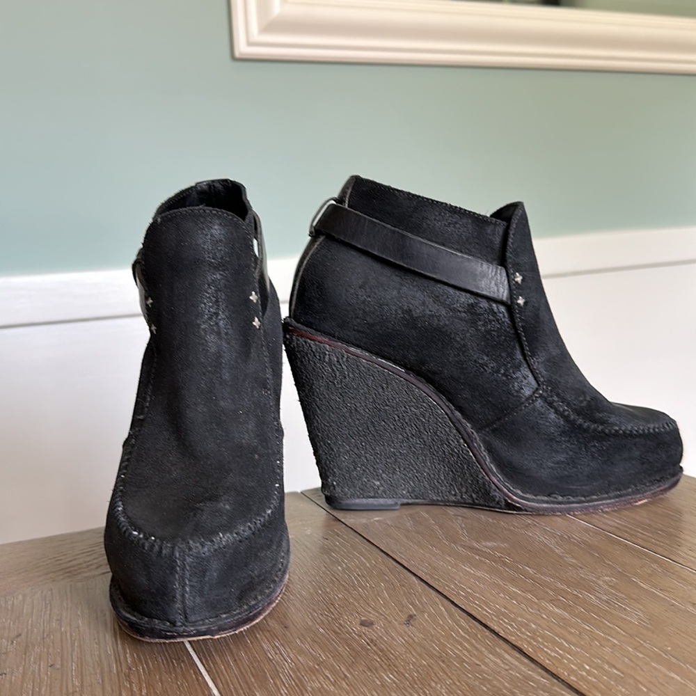 Rag & Bone black waxed leather platform ankle wedge boot 7.5 38